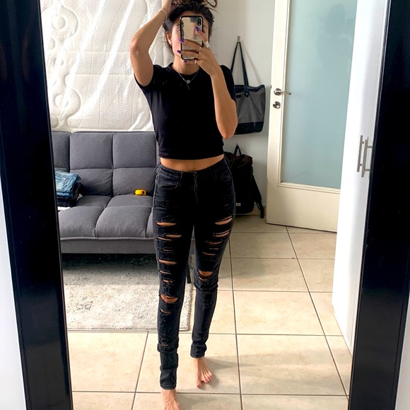 Abercrombie & Fitch Denim - Abercrombie & Fitch black high waisted rise denim jeans size 2 26 distressed